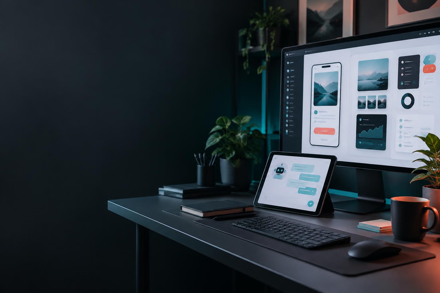 Designer workspace with product interface mockups and a conversational AI prototype on a tablet